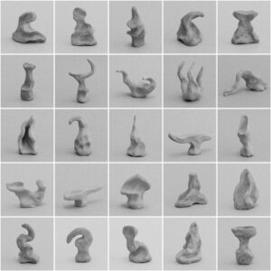 25 small gray abstract clay sculptures arranged in a 5×5 grid on a neutral background.