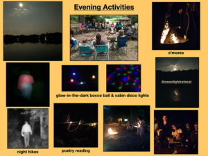 Evening activities including night hikes and s'mores