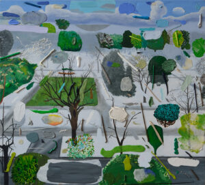 An abstract artwork suggesting a city scape and trees