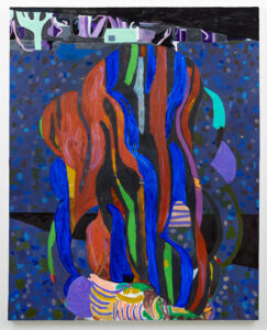 An abstract artwork with blue, red, and green.