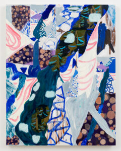 An abstract artwork with light blue, pink, and dark blue