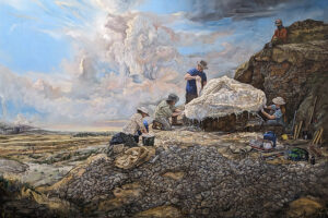 An oil painting of archaeologists working on a dig site.