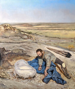 An oil painting of an archaeologist moving a tarp to look at a fossil