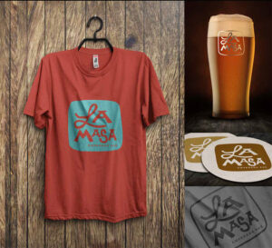 Branding for La Masa empanada bar on a shirt, coasters and pint glass.