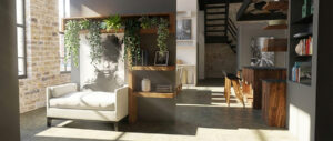 A rendering of an industrial style interior living space