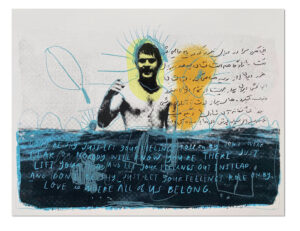 An artwork of a man overlaid with handwriting