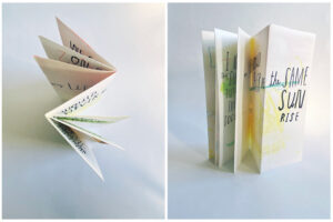 A handwritten folded zine with the text "The Same Sun Rise"