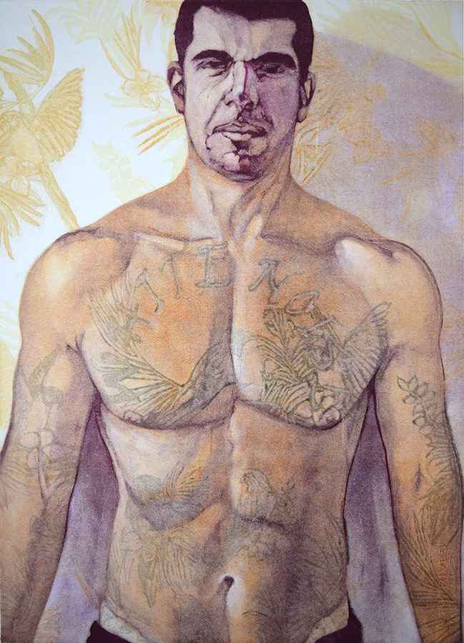 MORIN-JEFFREY_White Noise 10, 2024 A print of a masculine figure with faint tattoos.