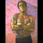 A print of a masculine figure with crossed arms. Shadows of flowers cover his chest.