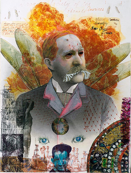 The Dry Points Henry M. Mendel 2015 A collaged-style print of a black and white portrait of a man with a mustache; a fireball and pair of dragonfly wings are in the background behind him.
