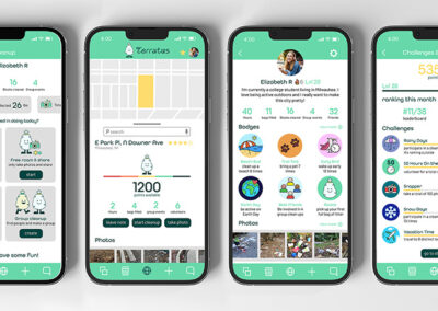 Four screens showing different screens of the Terratus app for picking up litter while walking.