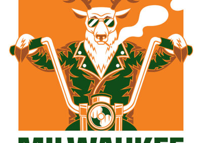 A buck with large antlers smokes a cigarette and rides a vintage motorcycle in a leather jacket. Text says "Milwaukee Bucks."