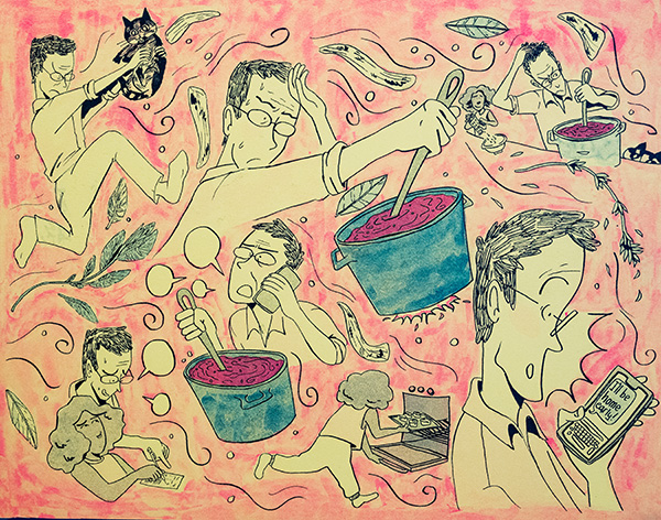 An illustrated page of a person stirring a pot and doing other chores looking stressed out.