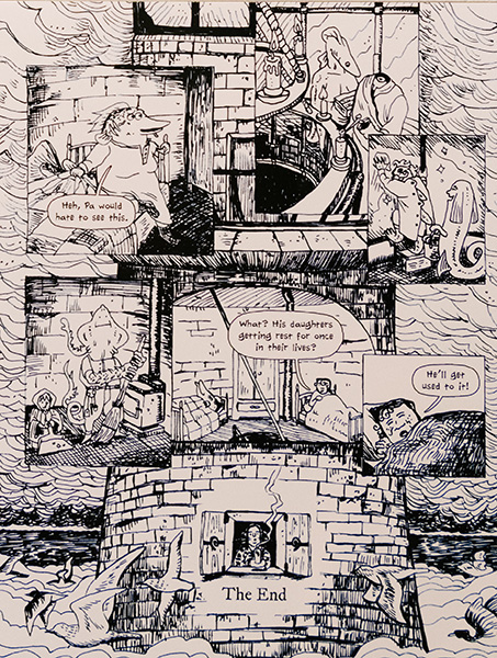 A page from a comic in black and white ink with multiple panels.