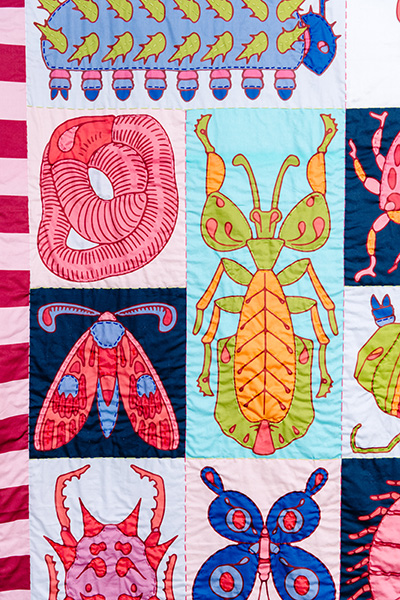 A detail from a quilt with squares that have colorful bugs on them.
