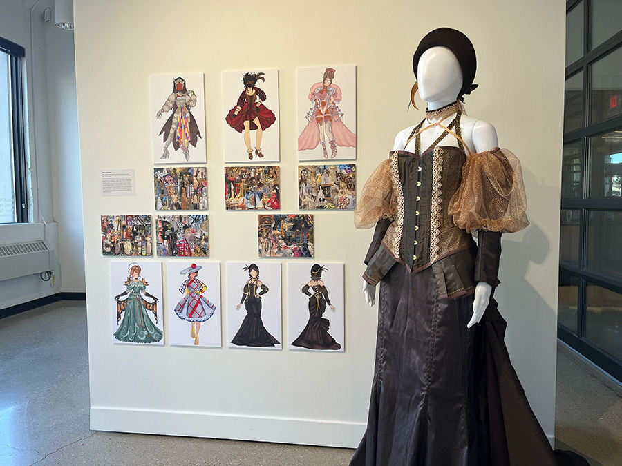 A chocolate-colored dress with an ornate bodice and lace collar, with ruffled crepe sleeves.