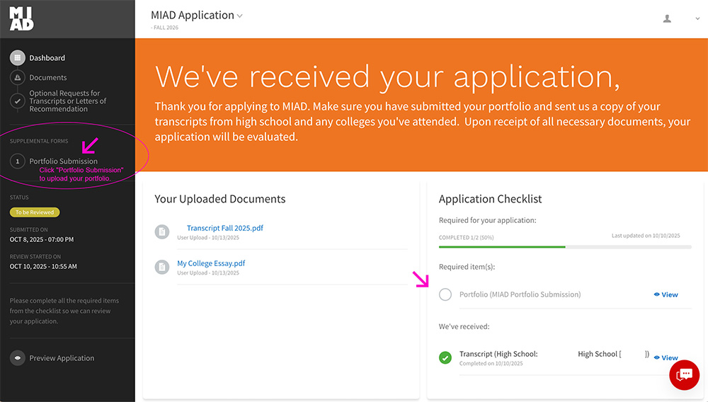 A screenshot of the MIAD application dashboard highlighting portfolio submission