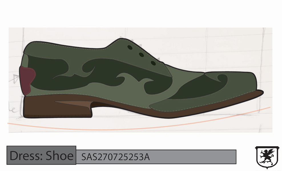 A render of a low dress shoe in green with dark green detailing.