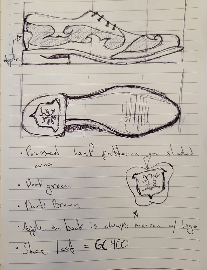 A hand sketch of a side and bottom view of a men's dress shoe