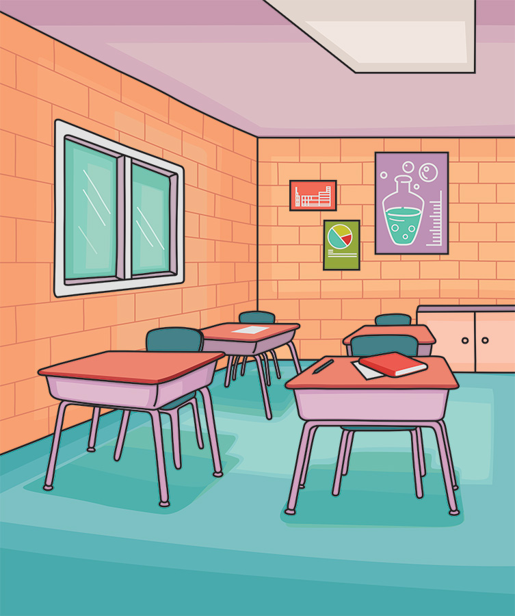 An illustration of a chemistry classroom with desks and cinderblock brick walls.