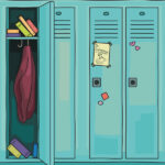 An illustration of a wall of blue school lockers with one door open and books and a jacket hanging.