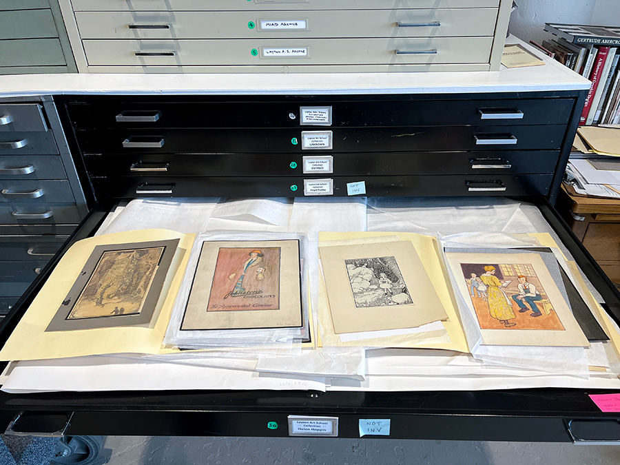 A flat drawer of illustrative artwork by Helen Hoppin.