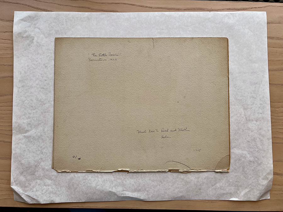 "The Little Town" artwork reverse side with dedication and signature by the artist Helen Hoppin.