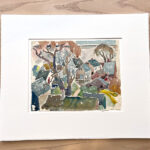 A small watercolor painting of a town with houses and trees.