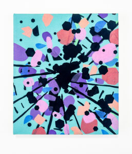 An abstract painting with a light blue background and black, purple and pink dots.