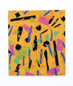 An abstract painting with a yellow background and black lines and flower shapes.