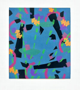 An abstract painting with a dark blue background and black, green, yellow and pink shapes.