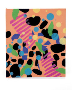 An abstract painting with a light orange background and black circles and pink lines.