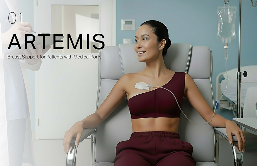 An image of a person wearing an Artemis bra, a breast support for patients with medical ports.