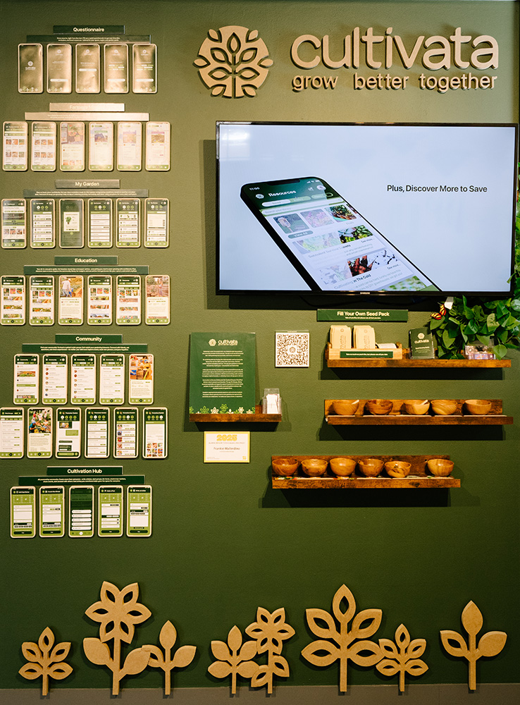 A green wall with images of different phone screens showing the app "Cultivata"