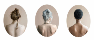 Three portrait photographs shot from the back of different people's bare backs and hair. 