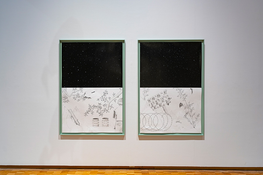 Two framed ink sketches, each with the top half a black starry sky and bottom half scenes from the DMZ.