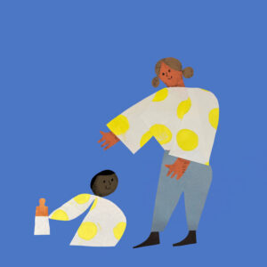 An illustration of a person smiling and holding their arms out to a child