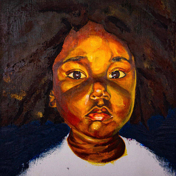 A painting of a child with golden light on their face