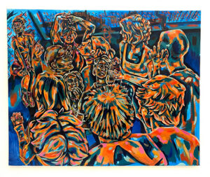 A colorful painting of a group of people in blue, orange and pink.
