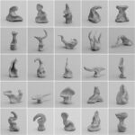 A series of 25 small black and white photos of differently shaped ceramics