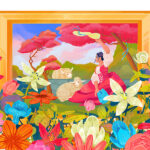 Illustrated and colorful flowers around a painting of a shepherdess in a pink dress and two sheep.