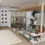 A rendering of an open concept sunken great room design