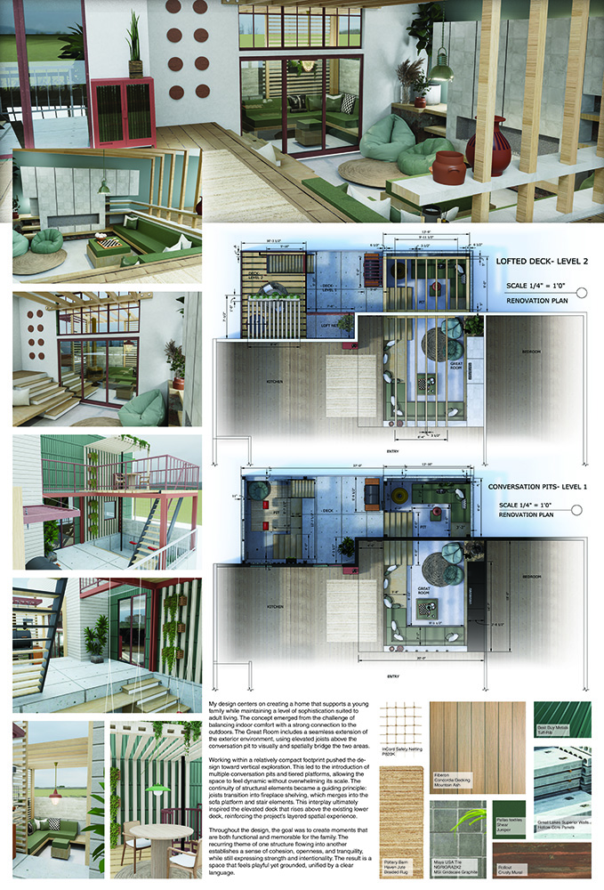 A comprehensive architectural design board showing multiple renderings for an open concept family loft residence