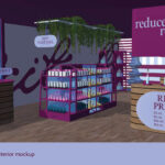 A rendering of a store interior for refilling bottles to reduce packaging