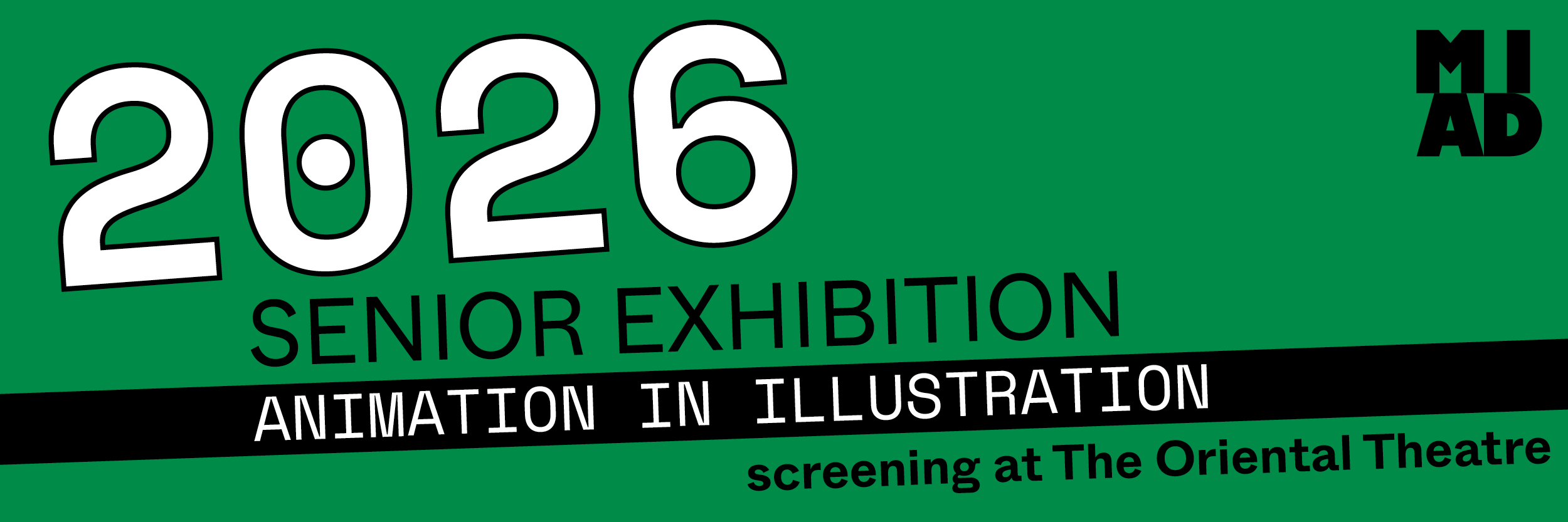 Green rectangle with the number 2026 and an angled banner for an animation screening