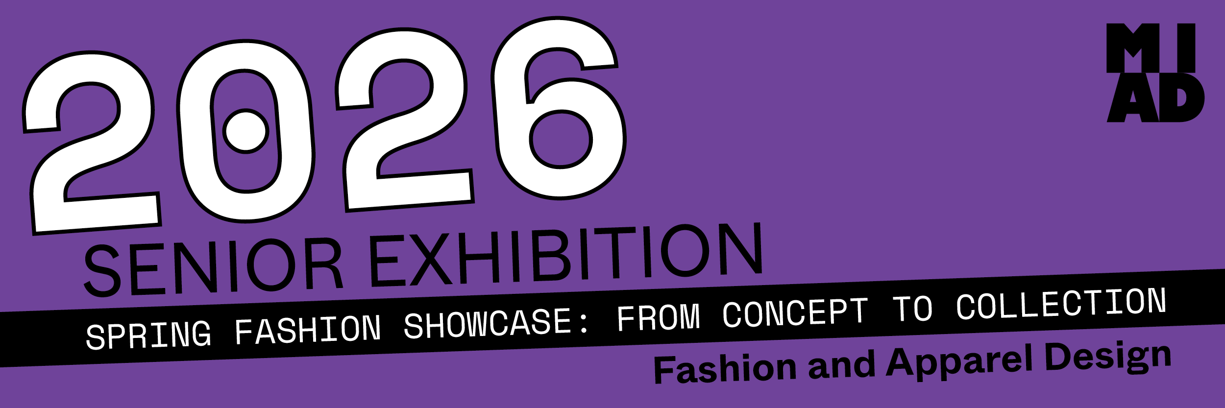 Purple rectangle with the number 2026 and an angled banner for a fashion show
