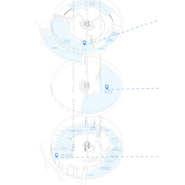 Exploded diagram or schematic computer drawing of building interior