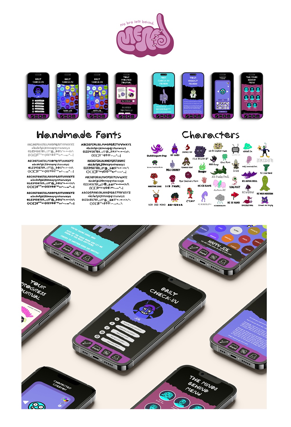 Display of phone screens showing stages of an app design, a handmade font and characters