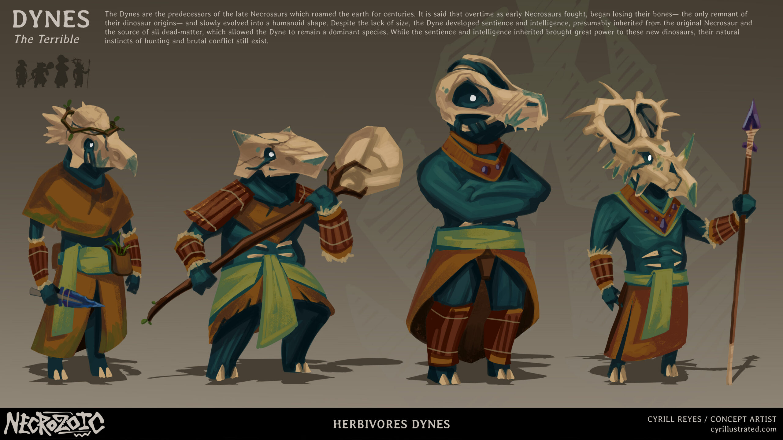 Digital concept art of prehistoric looking creatures "The Dynes"