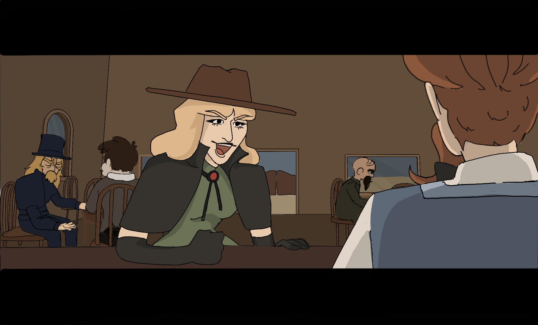 An animated film still about a barkeep